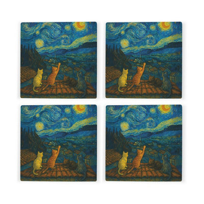Purely Home Van Gogh Starry Night Cats Ceramic Coaster SetTableware Gifts For Cat LoversSquare Drinks Coasters 4 Pack from B&Q