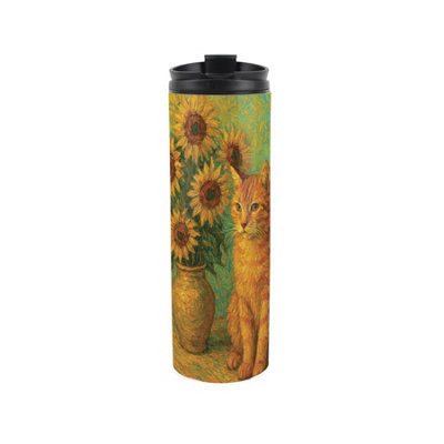 B&Q -  Van Gogh Sunflowers Cat Portrait Travel FlaskArtwork Inspired Reusable 500Ml Stainless Steel Flask Mug Gift For Cat Lovers
