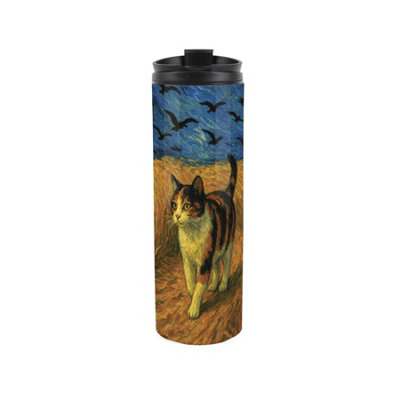 Van Gogh Wheatfield With Crows Cat Portrait - Stainless-Steel Travel Flask Gift - Image 3