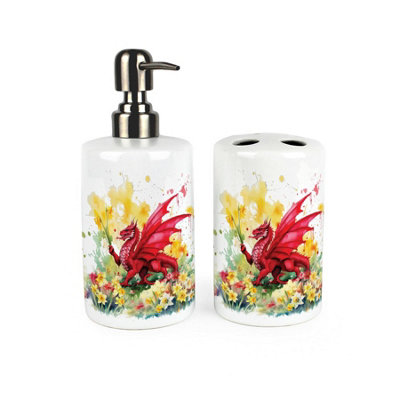 Purely Home Welsh Dragon & Daffodils Bathroom SetRefillable Ceramic Soap Dispenser & Toothbrush Holder from B&Q