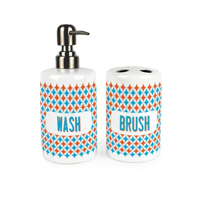 Purely Home Geometric Bathroom SetRefillable Ceramic Soap Dispenser & Toothbrush Holder from B&Q