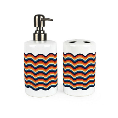 Purely Home Retro Waves Bathroom SetRefillable Ceramic Soap Dispenser & Toothbrush Holder from B&Q