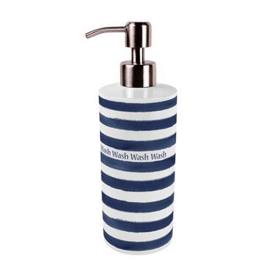 B&Q -  Nautical Stripes Stainless Steel Soap Dispenser - Blue Pump Action Refillable Bathroom & Kitchen Décor