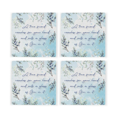 Purely Home True Friend Ceramic Coaster SetGin Themed Gifts Square Drinks Coasters 4 Pack from B&Q