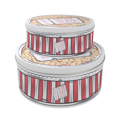 B&Q -  Movie Snacks Tin SetCinema & Film Popcorn GiftsRetro Round Metal Kitchen Storage ContainersSet Of 2