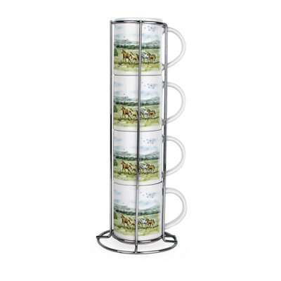 B&Q -  Wild Horses Stacking Mugs SetHorse Themed Gifts Ceramic Cups Set Of 4 With Metal Stand
