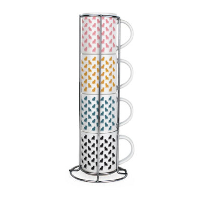 Purely Home Bulldog Silhouettes Small Stacking Mugs Gift - Set Of 4 Ceramic Cups With Metal Stand - Multicoloured - Image 3