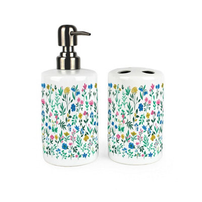 Purely Home Floral Leaves Bathroom SetRefillable Ceramic Soap Dispenser & Toothbrush Holder from B&Q