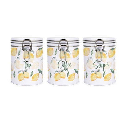 Purely Home Lemons Tea, Coffee & Sugar Canister Set - White Metal Clip Lid Kitchen Storage Jar/Container Gift 700ml (13cm x 9.5cm) - Image 4