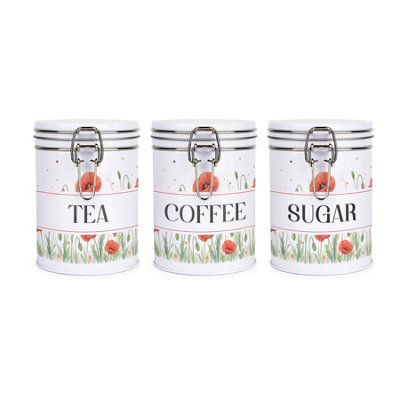 Red Poppies Tea, Coffee & Sugar Canisters - Metal Clip-Lid Kitchen Storage Gift - Image 3