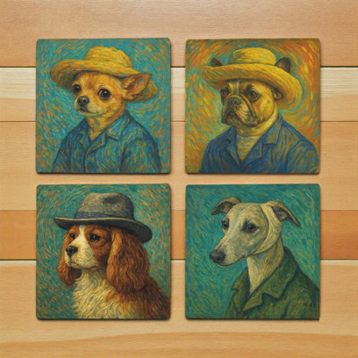 Purely Home Van Gogh Dogs Ceramic Coaster SetDogs In Hats Portrait GiftsSquare Drinks Coasters 4 Pack from B&Q