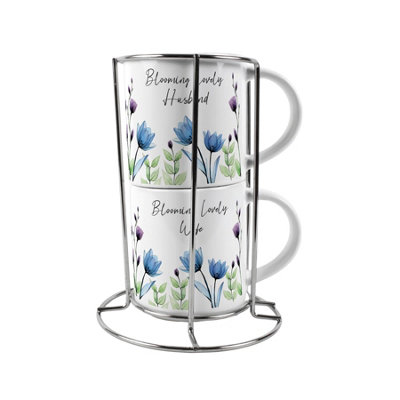 Purely Home Husband & Wife Stacking Mugs SetBlooming Lovely Floral Gifts For Couples Ceramic Cups Set Of 2 With Metal Stand from B&Q