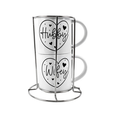Purely Home Hubby & Wifey Stacking Mugs SetNovelty Gifts For Couples Ceramic Cups Set Of 2 With Metal Stand from B&Q