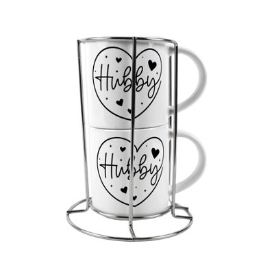 Purely Home Hubby & Hubby Stacking Mugs SetNovelty Gifts For Lgbtqia+ Couples Ceramic Cups Set Of 2 With Metal Stand from B&Q