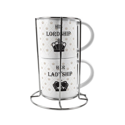 Purely Home Lady & Lordship Stacking Mugs SetRegal Gifts For Couples Ceramic Cups Set Of 2 With Metal Stand from B&Q