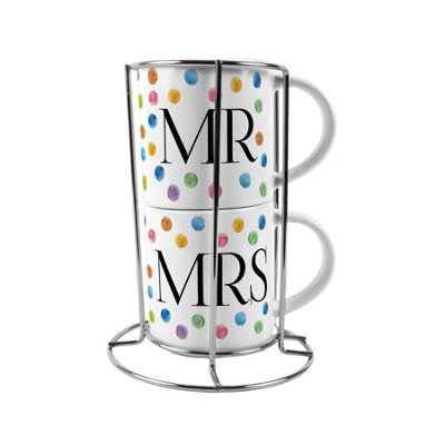 Purely Home Mr & Mrs Stacking Mugs SetMulticolour Polka Dots Gifts For Couples Ceramic Cups Set Of 2 With Metal Stand from B&Q