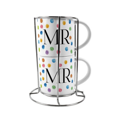 Purely Home Mr & Mr Stacking Mugs SetMulticolour Polka Dots Lgbtqia+ Gifts For Couples Ceramic Cups Set Of 2 With Metal Stand from B&Q