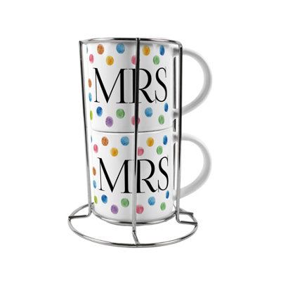 Purely Home Mrs & Mrs Stacking Mugs SetMulticolour Polka Dots Lgbtqia+ Gifts For Couples Ceramic Cups Set Of 2 With Metal Stand from B&Q