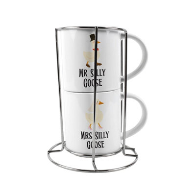 Purely Home Mr & Mrs Stacking Mugs SetSilly Goose Novelty Gifts For Couples Ceramic Cups Set Of 2 With Metal Stand from B&Q