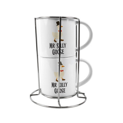 Purely Home Mr & Mr Stacking Mugs SetSilly Goose Novelty Gifts For Couples Ceramic Cups Set Of 2 With Metal Stand from B&Q
