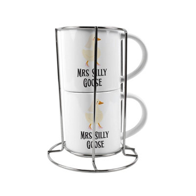 Purely Home Mrs & Mrs Stacking Mugs SetSilly Goose Novelty Gifts For Couples Ceramic Cups Set Of 2 With Metal Stand from B&Q
