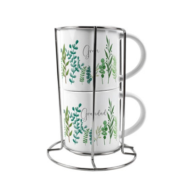 Purely Home Gran & Grandad Stacking Mugs SetGreen Ferns Gifts For Grandparents Ceramic Cups Set Of 2 With Metal Stand from B&Q
