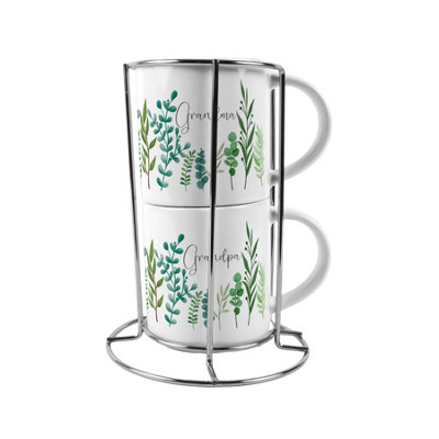 Purely Home Grandma & Grandpa Stacking Mugs SetGreen Ferns Gifts For Grandparents Ceramic Cups Set Of 2 With Metal Stand from B&Q