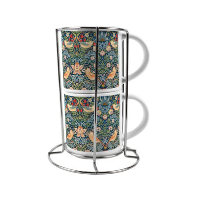 Purely Home Strawberry Thief Stacking Mugs SetBlue William Morris Décor Gifts Ceramic Cups Set Of 2 With Metal Stand from B&Q