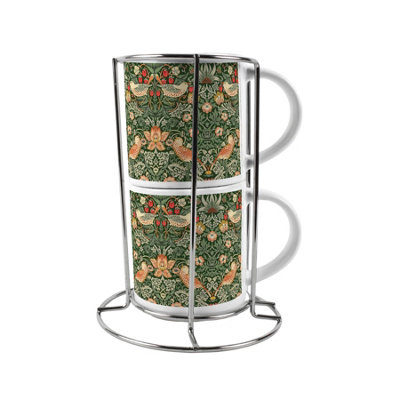 Purely Home Strawberry Thief Stacking Mugs SetGreen William Morris Décor Gifts Ceramic Cups Set Of 2 With Metal Stand from B&Q