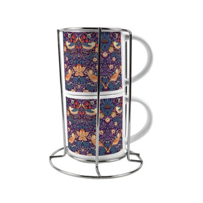 Purely Home Strawberry Thief Stacking Mugs SetPurple William Morris Décor Gifts Ceramic Cups Set Of 2 With Metal Stand from B&Q