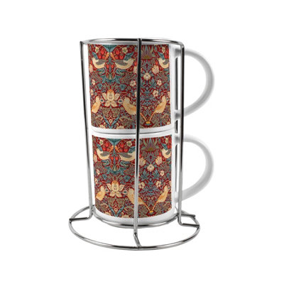 Purely Home Strawberry Thief Stacking Mugs SetRed William Morris Décor Gifts Ceramic Cups Set Of 2 With Metal Stand from B&Q
