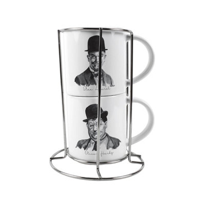 Purely Home Laurel & Hardy Stacking Mugs Set GiftVintage Comedy Ceramic Cups Set Of 2 With Metal Stand from B&Q