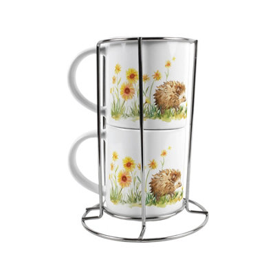 Purely Home Hedgehog & Mouse Stacking Mugs Set GiftFloral Ceramic Cups Set Of 2 With Metal Stand from B&Q
