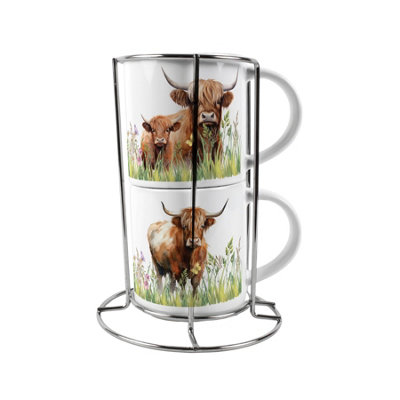 Purely Home Highland Cow Stacking Mugs Set GiftCountryside Farm Animals Ceramic Cups Set Of 2 With Metal Stand from B&Q