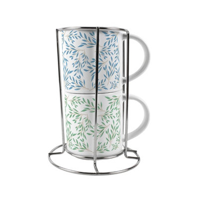 Blue & Green Leaves Stacking Mugs Set Gift - Ceramic Cups Set of 2 with Stand - Image 2