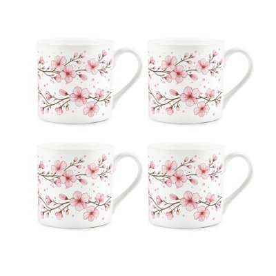Purely Home Pink Cherry Blossoms Bone China Mugs - Set Of 4 - Pink - Image 3
