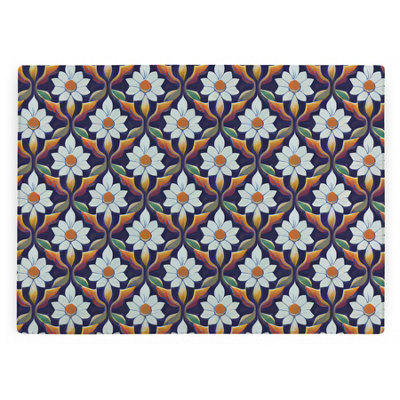 B&Q -  White Floral Tile Chopping BoardLarge Smooth Glass Worktop Protector