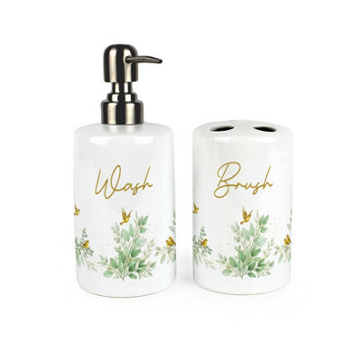 Golden Birds & Greenery Ceramic Bathroom Set - Toothbrush Holder & Soap Pump - Image 3