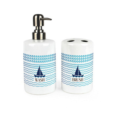 Purely Home Sailing Boats Bathroom SetRefillable Ceramic Soap Dispenser & Toothbrush Holder from B&Q