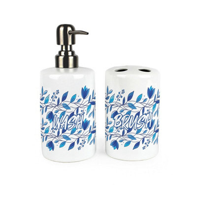 Purely Home Blue Petals Bathroom SetRefillable Ceramic Soap Dispenser & Toothbrush Holder from B&Q