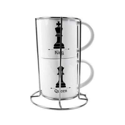 Purely Home King & Queen Stacking Mugs Set GiftBlack Chess Pieces Ceramic Cups Set Of 2 With Metal StandClassic Game Gifts For Couples from B&Q