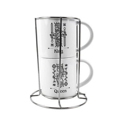 Purely Home King & Queen Stacking Mugs Set GiftBlack Playing Cards Ceramic Cups Set Of 2 With Metal StandClassic Game Gifts For Couples from B&Q