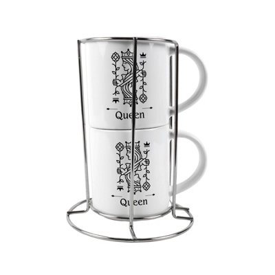 Purely Home Queen Stacking Mugs Set GiftBlack Playing Cards Ceramic Cups Set Of 2 With Metal StandClassic Game Gifts For Couples from B&Q