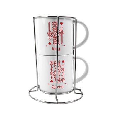 Purely Home King & Queen Stacking Mugs Set GiftRed Playing Cards Ceramic Cups Set Of 2 With Metal StandClassic Game Gifts For Couples from B&Q
