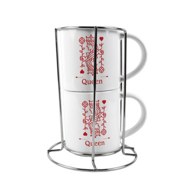 Purely Home Queen Stacking Mugs Set GiftRed Playing Cards Ceramic Cups Set Of 2 With Metal StandClassic Game Gifts For Couples from B&Q