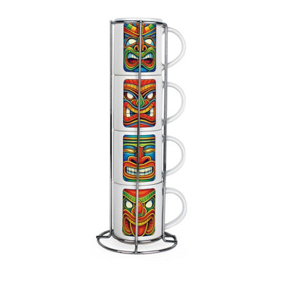 Purely Home Totem Pole Stacking Mugs SetColourful Maori Tiki Décor GiftsSet Of 4 Ceramic Cups Set With Metal Stand from B&Q
