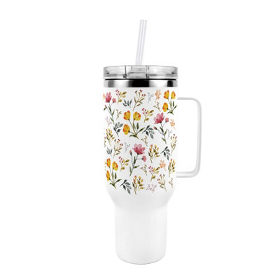 Purely Home Watercolour Spring Flowers 40Oz Stainless Steel Extra-Large Travel Cup With Straw And Lid - Image 3