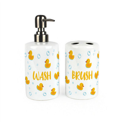 Purely Home Rubber Ducks Bathroom SetRefillable Ceramic Soap Dispenser & Toothbrush Holder from B&Q
