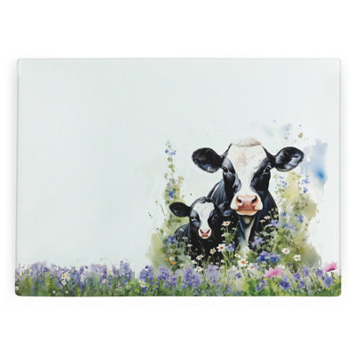 Purely Home Friesian Cow & Calf Large Smooth Glass Worktop SaverFarming Countryside Kitchen Chopping Board from B&Q