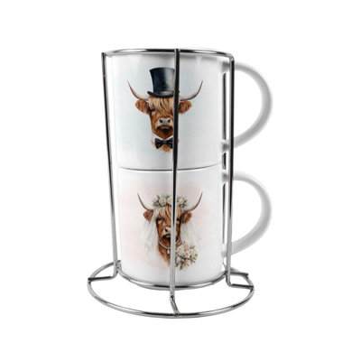 Purely Home Highland Cow Wedding Stacking Mugs SetHis & Hers Novelty Couples Gift from B&Q